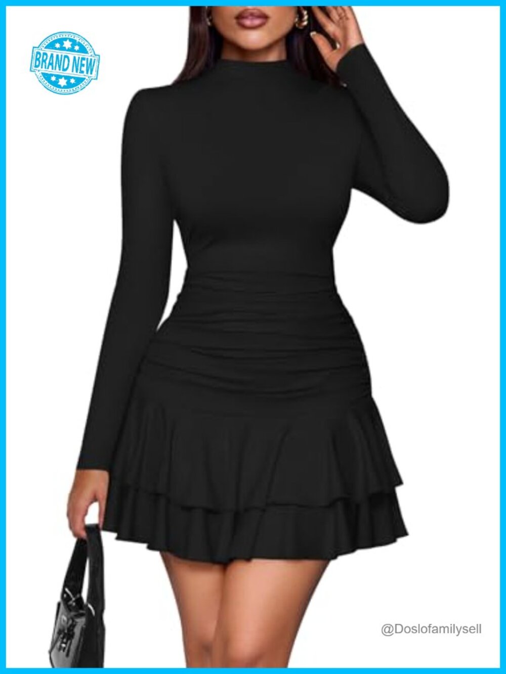 Long Sleeve Ruffle Layered Bodycon Mini Dress Ruched Mock Neck - Picture 1 of 6